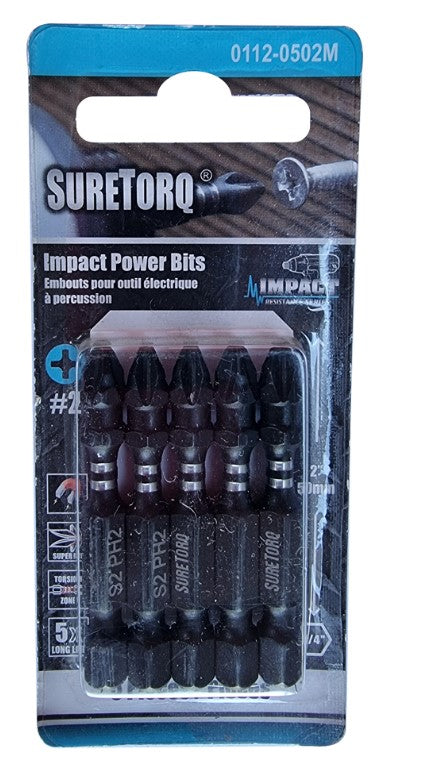 Suretorq Phillips Impact Power Bit Magnetic PH2 50mm 1/4"Hex 5 Pack 01120502M Drill Bit Suretorq