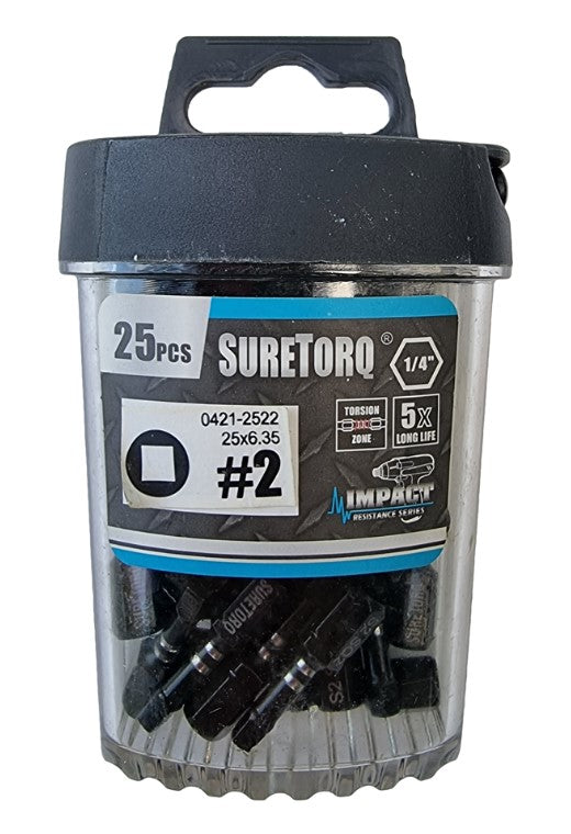 Suretorq Square Impact Insert Bit SQ2 25mm 1/4" Hex (Box of 25) 04212522 Drill Bit Suretorq