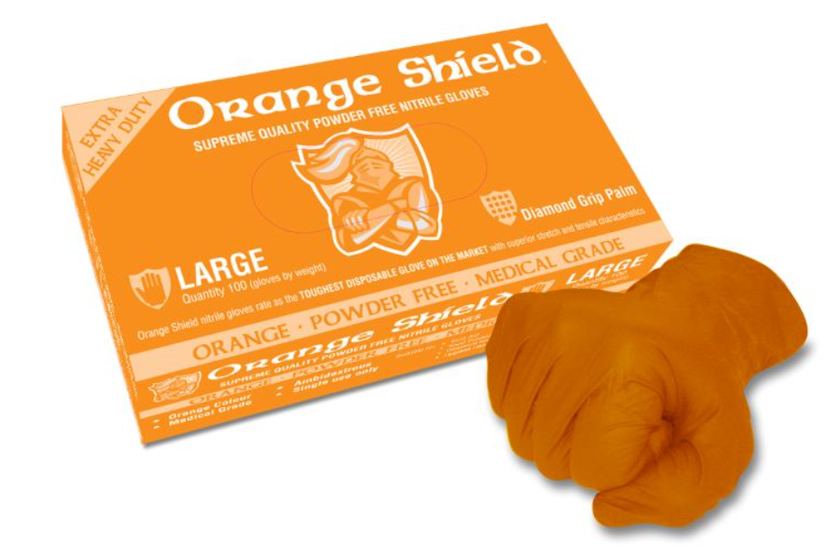 Orange Shield Heavy Duty Nitrile with Diamond Grip Hi Vis Orange Box of 100 Small to XXL GNO208 Gloves Maxisafe