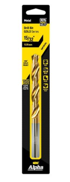 Alpha 15/32in (11.91mm) Jobber Drill Bit Carded Gold Series C9LI1532 Drill Bit Alpha