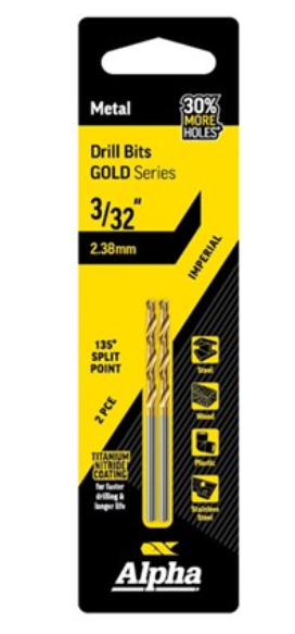 Alpha 3/32in (2.38mm) Jobber Drill Bit Carded 2pk Gold Series C9LI332 Drill Bit Alpha