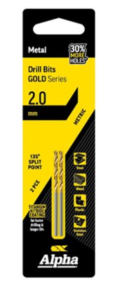 Alpha 2.mm Jobber Drill Bit Carded 2pk Gold Series C9LM020 Drill Bit Alpha