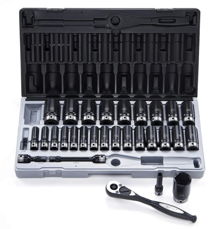 Dual Action 29PCE 6PT 1/2″ Square Drive, Thin Wall Impact 6 Point Deep Socket Set Metric 11242901 Socket Set Dual Action