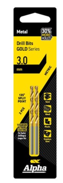 Alpha 3.0mm Jobber Drill Bit Carded 2pk Gold Series C9LM030 Drill Bit Alpha