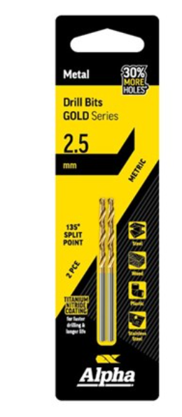 Alpha 2.5mm Jobber Drill Bit Carded 2pk Gold Series C9LM025 Drill Bit Alpha