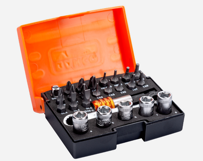 Bahco 1/4" Standard Bit and Socket Set for Slotted/Phillips/Pozidriv/TORX/Hex Head Screw 26 Pcs 2058/S26 Drill Bit BAHCO