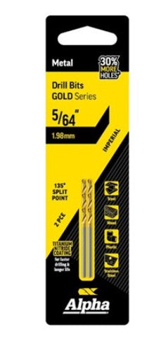 Alpha 5/64in (1.98mm) Jobber Drill Bit Carded-2pk Gold Series C9LI564 Drill Bit Alpha