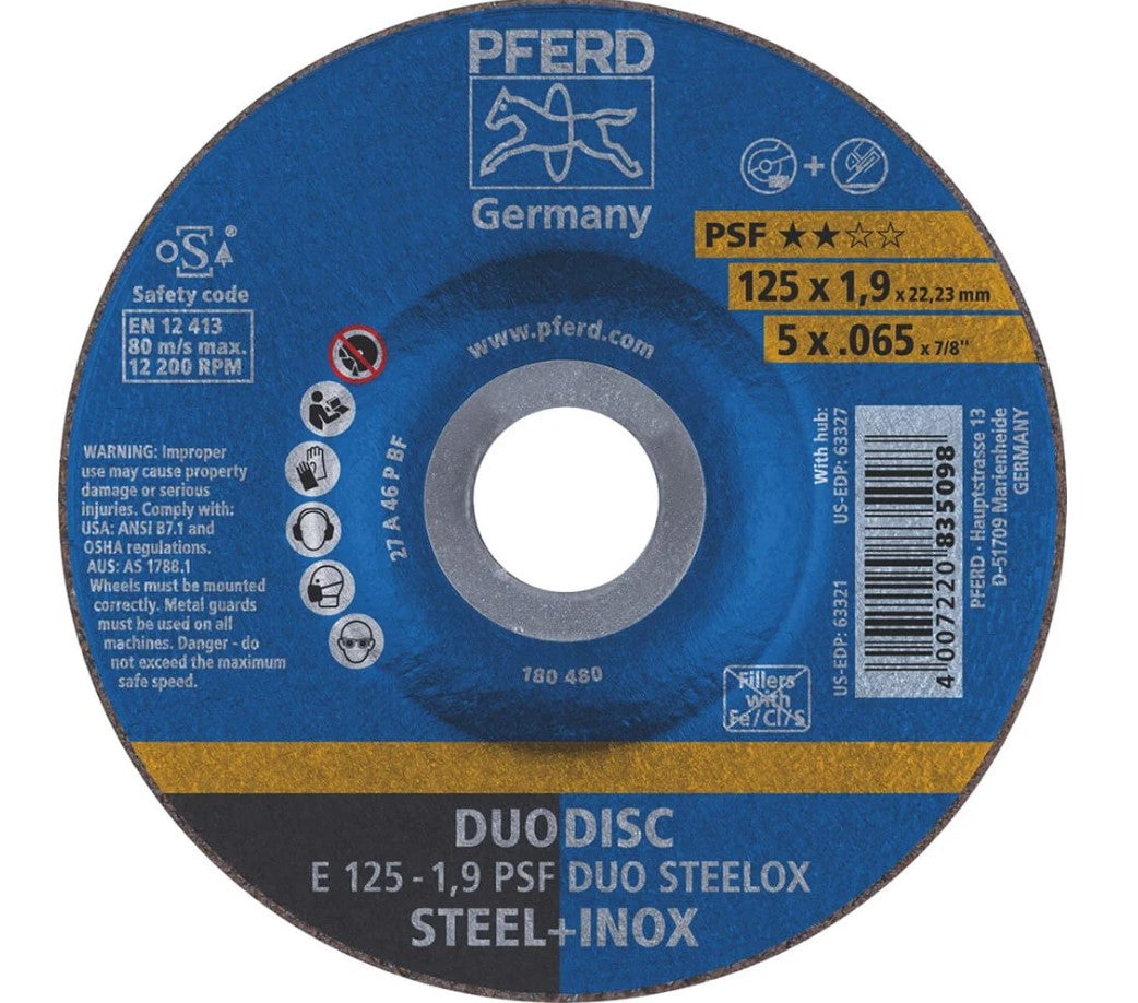 Pferd Duodisc Dual Purpose 125 X 1.9 X 22.23mm INOX/Steel Cut-Off & Grind Wheel 62012630 Grinder Disc Pferd