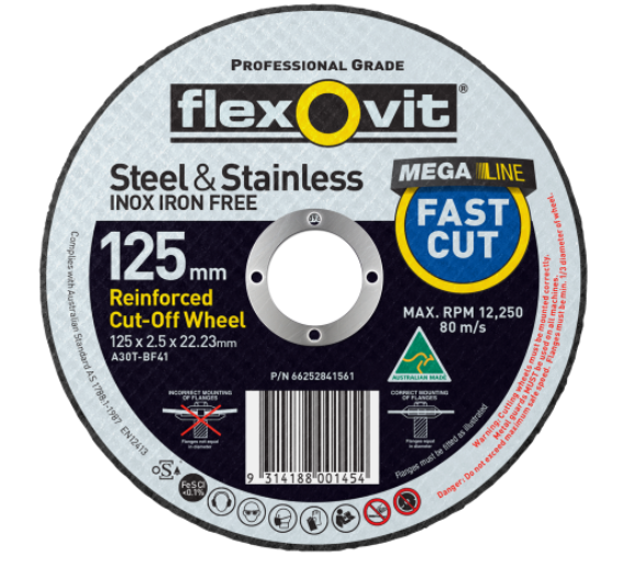 Flexovit Megaline Steel & Stainless PK 25 Right Angle Cut-Off Wheel 125mmx 1.0 x 22.2 Type 41 66253371090 Grinder Disc Flexovit