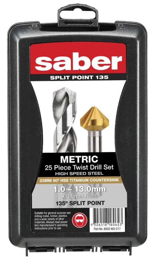 Saber 25 Piece Bright HSS Jobber Drill Set in ABS Plastic Case 8002-M3-C17 Drill Bit Saber