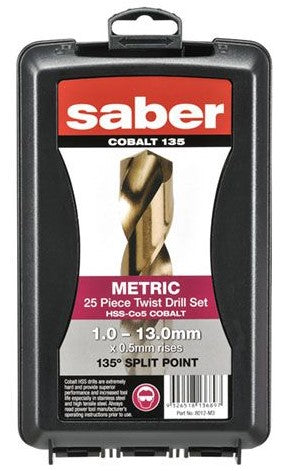 Saber 25 Piece HSS-Co5 (Cobalt) Jobber Drill Set in ABS Plastic Case 8012-M3 Drill Bit Saber