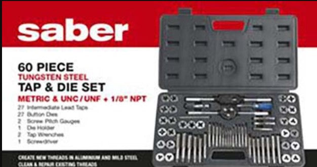 Saber 60 Pce S2 Tap and Die Set - Metric, UNC/UNF + 1/8" NPT 8050-S2 wrench Saber