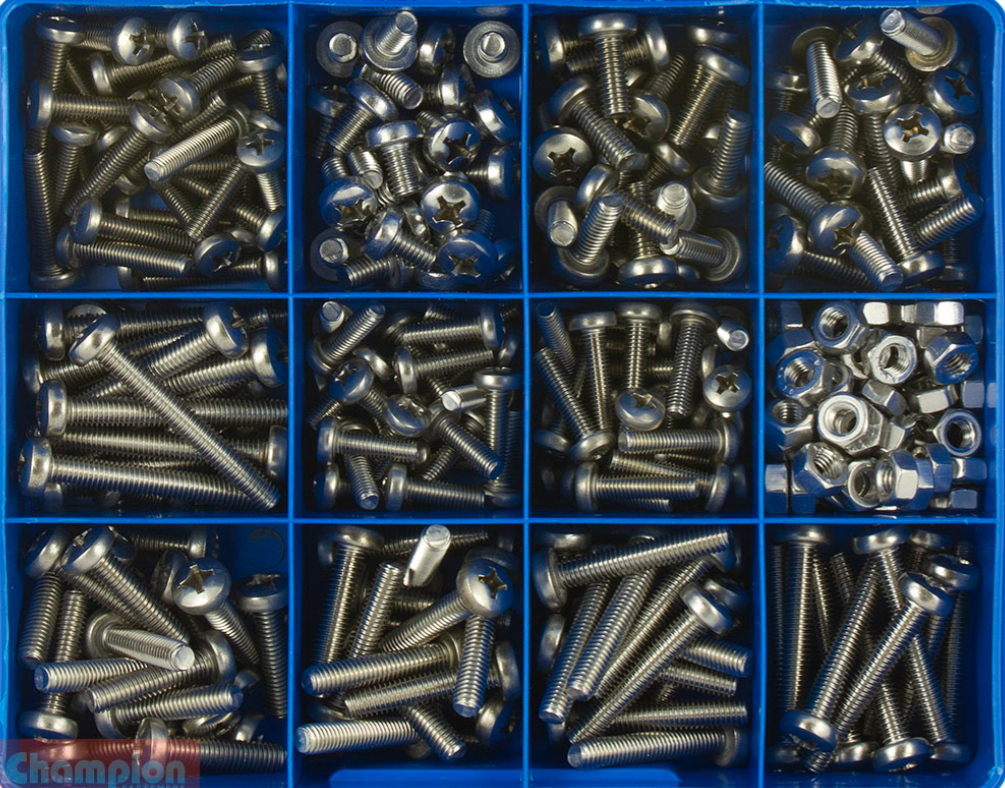 Champion S/Steel Metric Phillips Pan Head Machine Screws Assortment 14 Sizes: M5 to M6 Dia CA1888 Screws and Nuts Champion