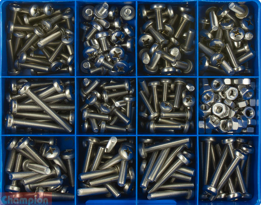 Champion S/Steel Metric Phillips Pan Head Machine Screws Assortment 14 Sizes: M5 to M6 Dia CA1888 Screws and Nuts Champion