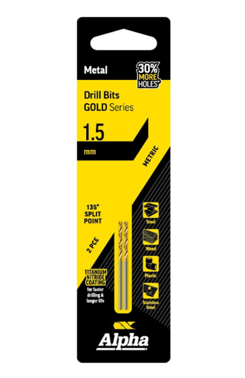 Alpha 1.5mm Jobber Drill Bit Carded 2pk Gold Series C9LM015 Drill Bit Alpha