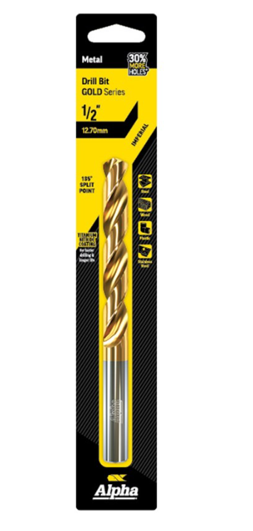 Alpha 1/2in (12.70mm) Jobber Drill Bit Carded Gold Series C9LI12 Drill Bit Alpha