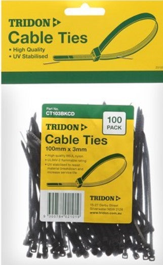 Tridon BLACK Cable Ties 100mm x 3mm PK 100 CT103BKCD Cable ties Tridon