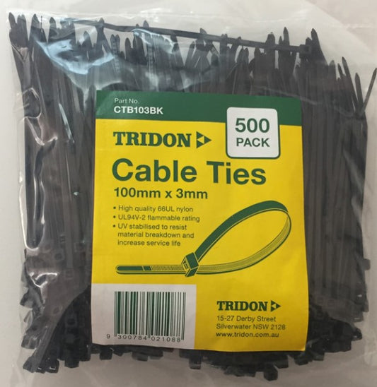 Tridon BLACK Cable Ties 100mm x 3mm PK 500 CTB103BK Cable Ties Tridon