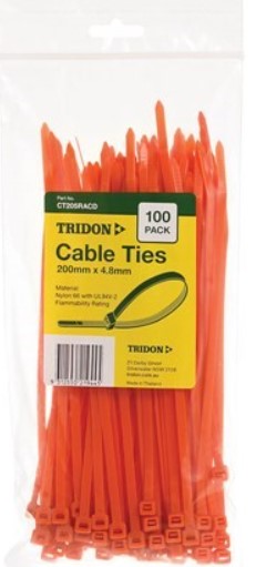 Tridon ORANGE Cable Ties 200mm x 4.8mm PK 100 CT205RACD Cable ties Tridon