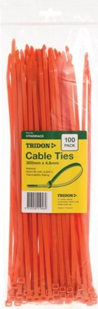 Tridon ORANGE Cable Ties 300mm x 4.8mm PK 100 CT305RACD Cable ties Tridon