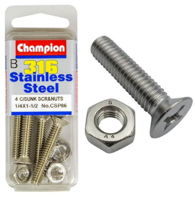 Champion Machine Screws and Nuts 1/4“ x 1-1/2 “ 316 / A4 CSP86 Screws and Nuts Champion