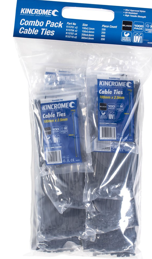 Kincrome Black Cable Tie Combo Pack 1000 Piece K15780 Cable ties Kincrome