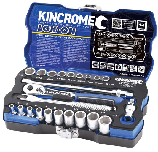 Kincrome Lok-On Socket Set 24 Piece 1/4" Drive Metric & Imperial K27001 Socket Set Kincrome