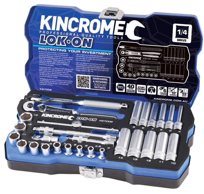 Kincrome Lok-On Socket Set 28 Piece 1/4" Drive Metric K27002 Socket Set Kincrome