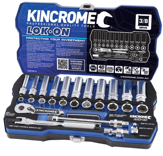 Kincrome Lok-On Socket Set 28 Piece 3/8" Drive Metric K27011 Socket Set Kincrome