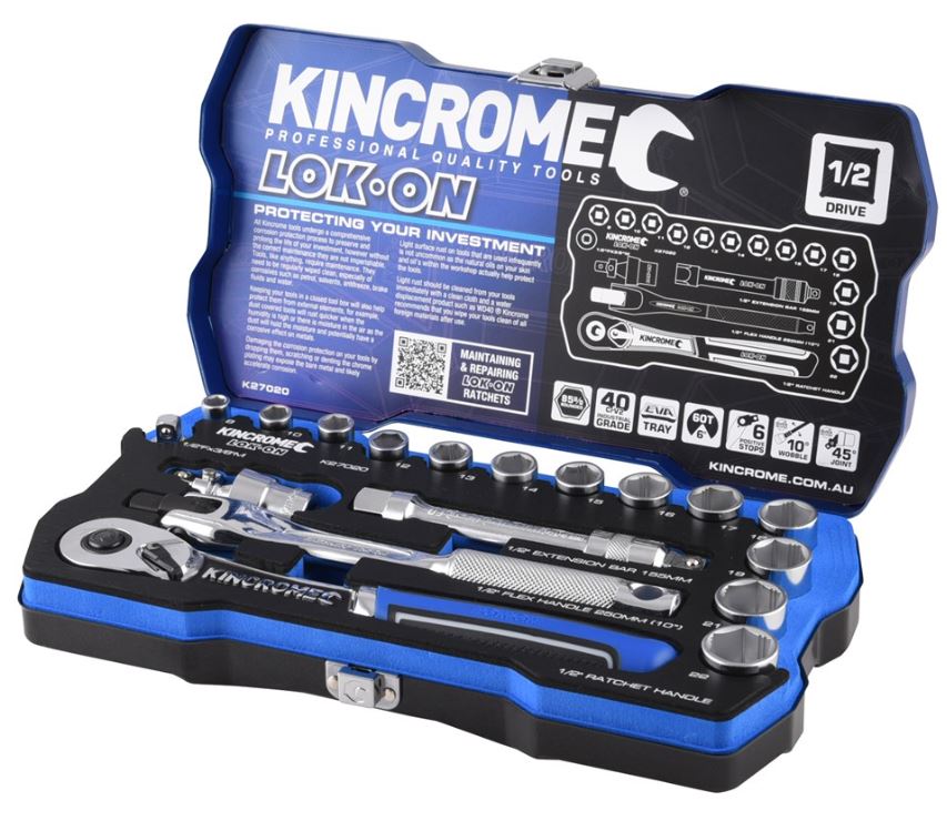 Kincrome Lok-On Socket Set 18 Piece 1/2" Drive Metric K27020 Socket Set Kincrome