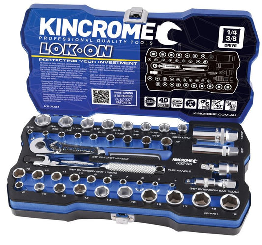 Kincrome Lok-On Socket Set 44 Piece 1/4" & 3/8" Drive Metric & Imperial K27031 Socket Set Kincrome