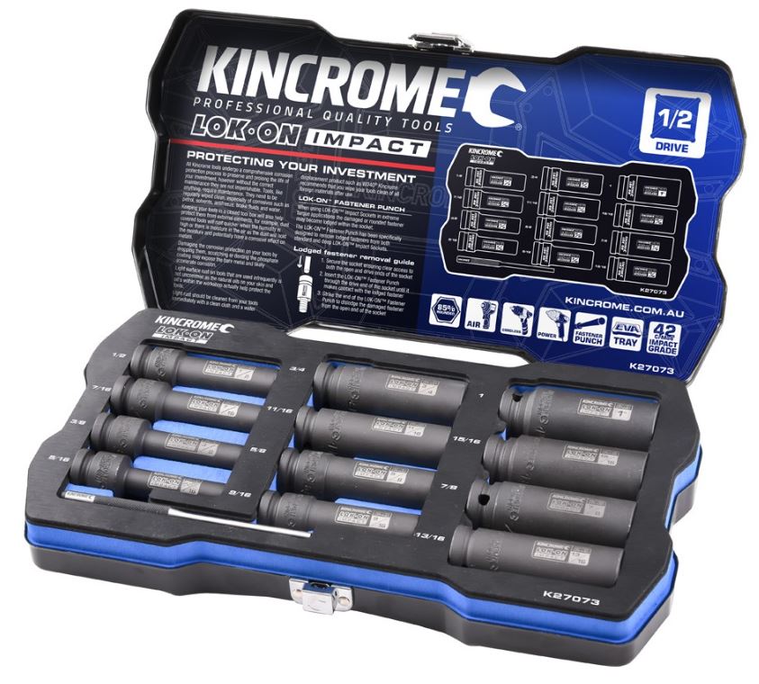 Kincrome Lok-On Deep Impact Socket Set 12 Piece 1/2" Drive K27073 Socket Set Kincrome