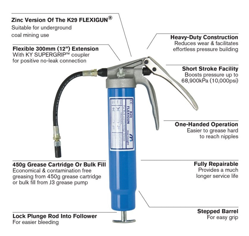 Macnaught Flexigun 450g Grease Gun, Underground Mining K29-01-11 Grease Gun Macnaught