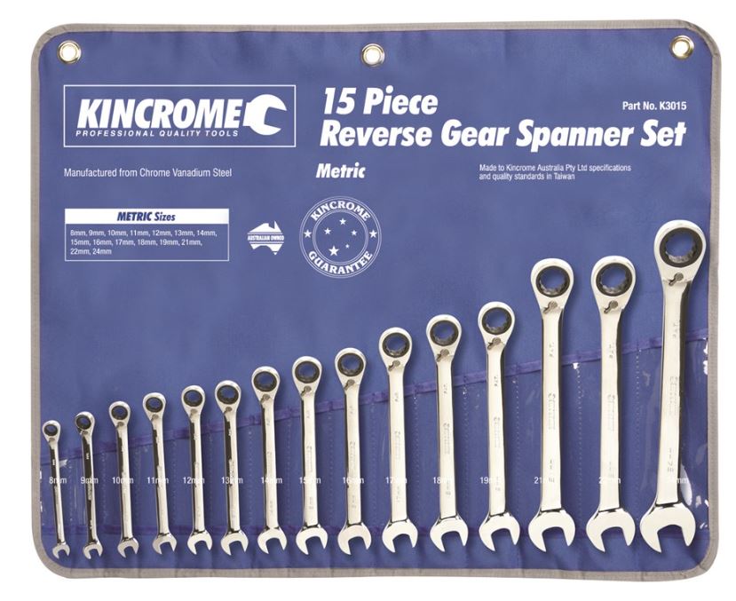 Kincrome Reversible Gear Spanner Set 15 Piece Metric K3015 Spanner Kincrome