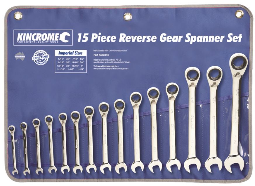 Kincrome Reversible Gear Spanner Set 15 Piece Imperial K3016 Spanner Kincrome