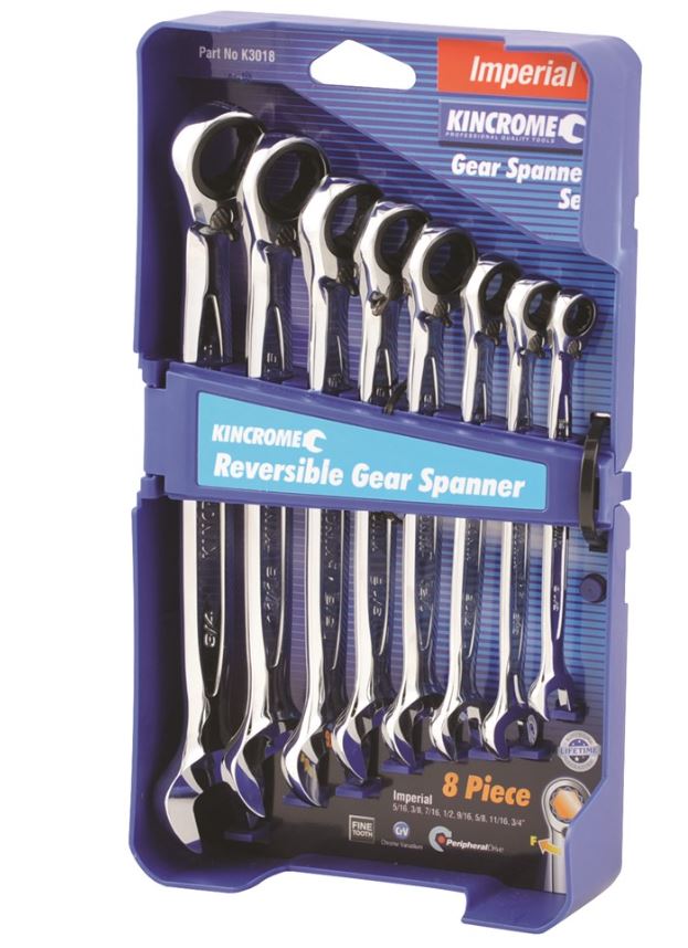 Kincrome Reversible Gear Spanner Set 8 Piece Imperial K3018 Spanner Kincrome