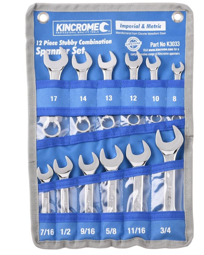 Kincrome Stubby Combination Spanner Set 12 Piece Metric/Imperial K3033 Spanner Kincrome