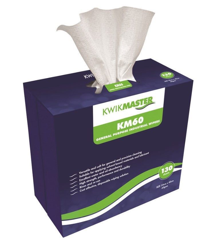 Kwikmaster KM60 General Purpose Industrial Wipers Pop Up Box 130 Sheets KM60WIPERWW0130 Wipes Kwikmaster