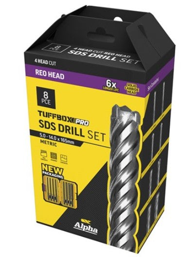 Alpha Reo Head 8 Piece SDS Plus Drill Set 5-14mm x 165mm Tuffbox Pro SM8SPZTP Drill Bit Alpha