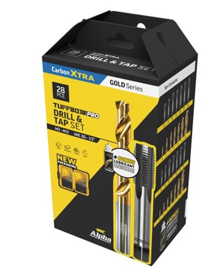 Alpha Gold Series Drill and Hand Tap Set 28 pc Tuffbox Pro + Bonus ATL001 SMUHT28TP-B Drill Bit Alpha