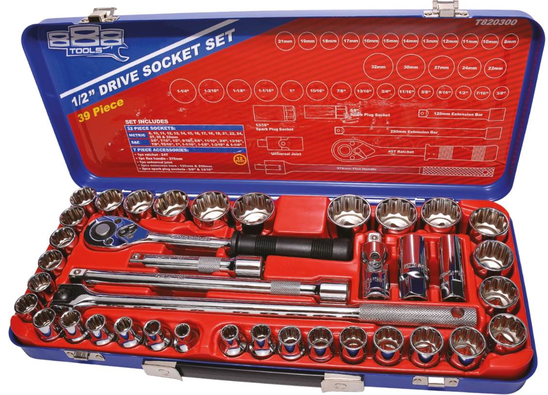 SP Tools 1/2"Dr Socket Set - 12pt Metric/SAE - 39pc T820300 Socket Set SP Tools