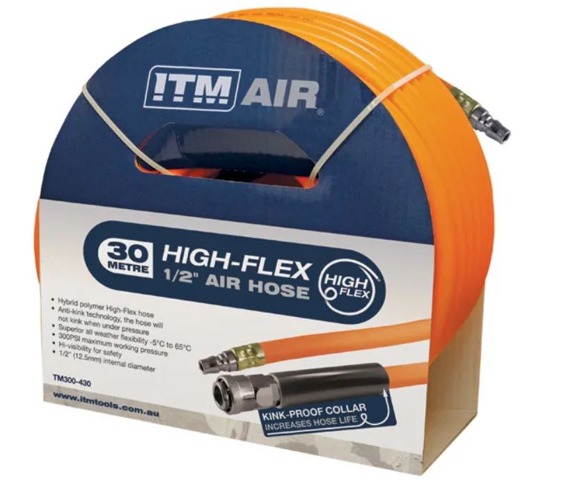 ITM Air Hose, 12.5mm (1/2") X 30m Hybrid Polymer Air Hose, Comes With Nitto Style Fittings TM300-430 Pick Up In Store Air Hose Reel ITM