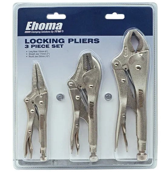 Ehoma 3 Piece Locking Plier Set, Round Jaw 250mm, Straight Jaw 175mm & Long Nose 165mm TM604-SET30 Plier and Cutters Ehoma