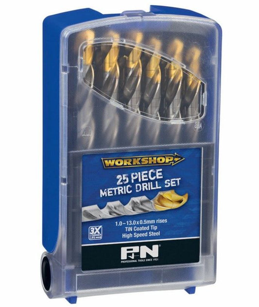 P&N Drill Bit Set Tin PM3 1.0-10.0x0.5mm 25 Piece Metric 150B0WS3M Drill Sets P&N