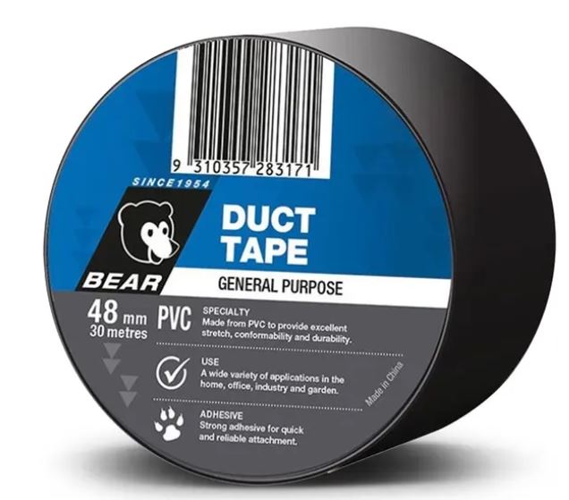 Bear PVC Duct Tape 48mm x 30m Black or Grey/Silver 63642583589 63642548313 tape Bear Black