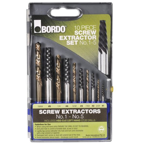 Bordo Screw Extractor 10 Piece Set Nos 1-5 & Left Hand Stub Drills 9900-SM2 Drill Bit Bordo