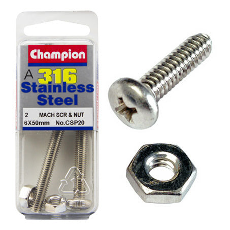 Champion Machine Screws and Nuts Pan Head S/S 6mm x 50mm CSP20 Screws and Nuts Champion