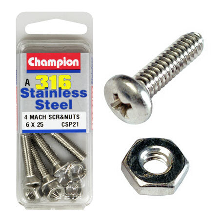 Champion Machine Screws S/S Screws and Nuts 6mm x 25mm & 6x1.00mm 316 CSP21 Screws and Nuts Champion