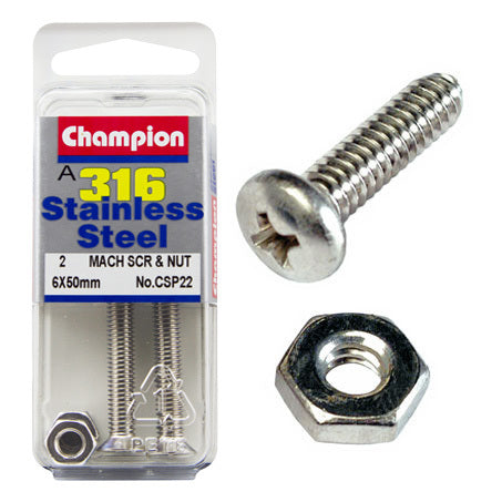 Champion Machine Screws and Nuts CSK S/S 6mm x 50mm & 6 x 1.00mm 316/A4 CSP22 Screws and Nuts Champion