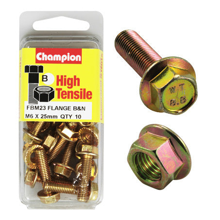 Champion Blister Flange Bolts and Nuts M6 x 25mm-FBM23 Screws and Nuts Champion